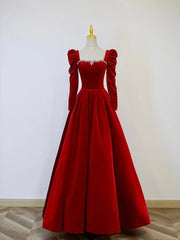 Prom Dress Corset Ball Gown, A-Line Long Sleeve Velvet Floor Length Prom Dress, Burgundy Formal Evening Dress