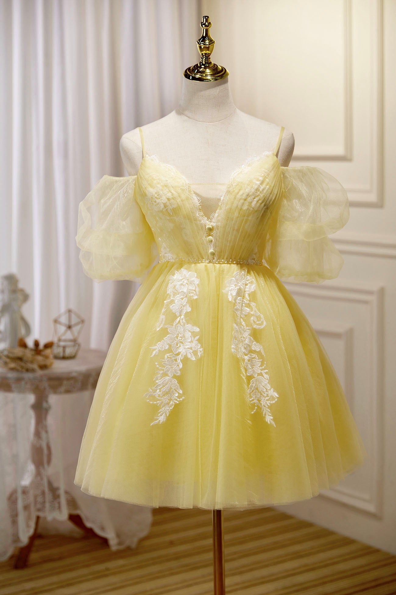 Winter Dress, Yellow Lace Short Prom Dress, Off the Shoulder Homecoming Dress