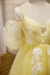 Party Dress Pattern Free, Yellow Lace Short Prom Dress, Off the Shoulder Homecoming Dress