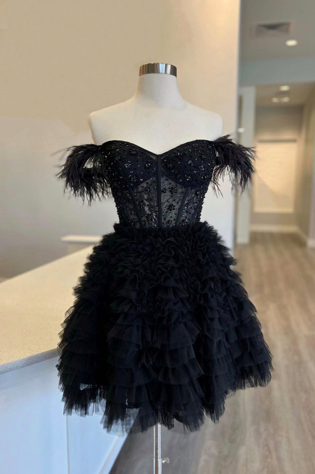 Bridesmaid Dresses Design, Black Tulle Knee Length Prom Dress, Black Off Shoulder Evening Dress