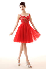 Party Dresses For Christmas Party, Lace Cute Red Short Homecoming Dresses