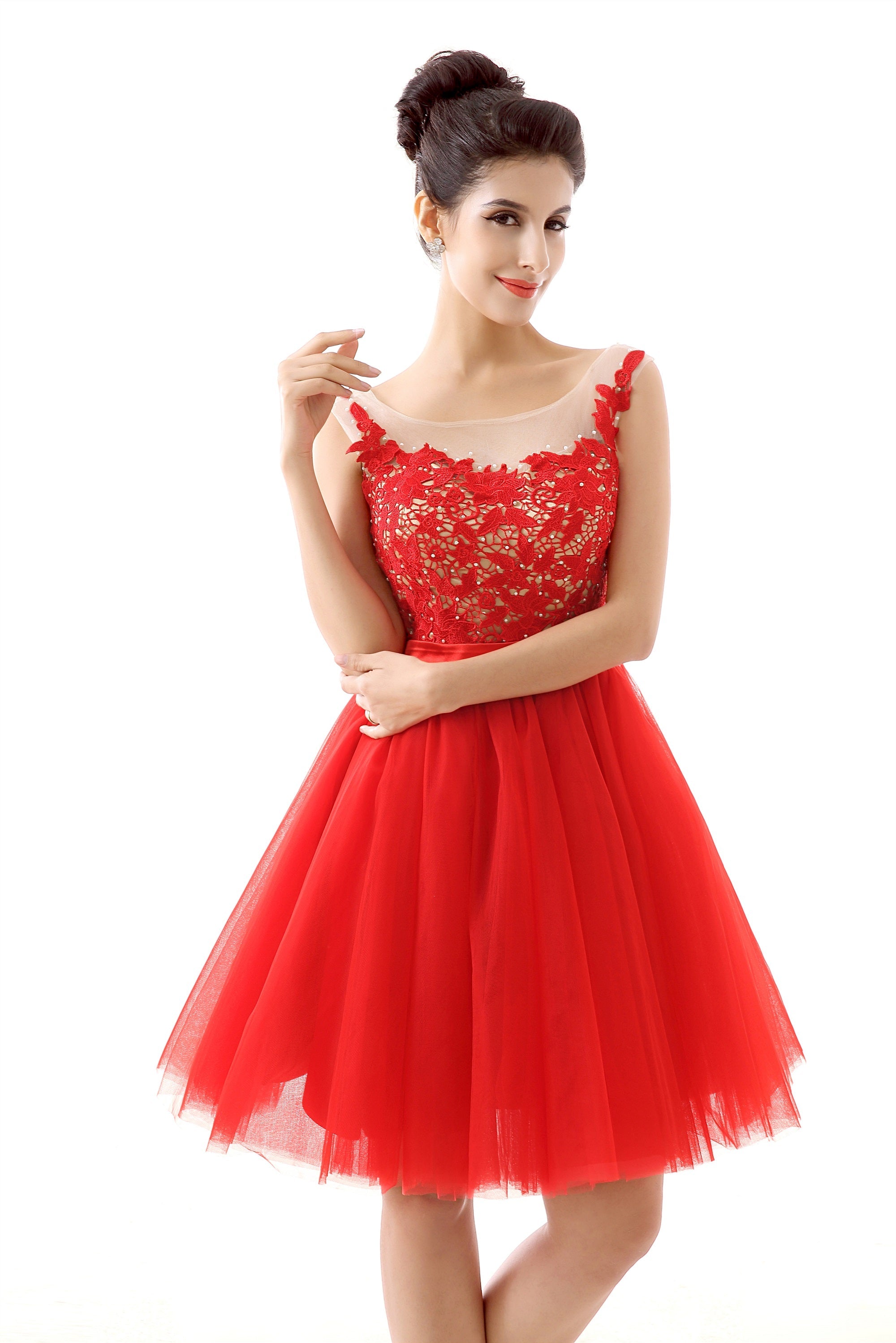 Party Dress Miami, Lace Cute Red Short Homecoming Dresses