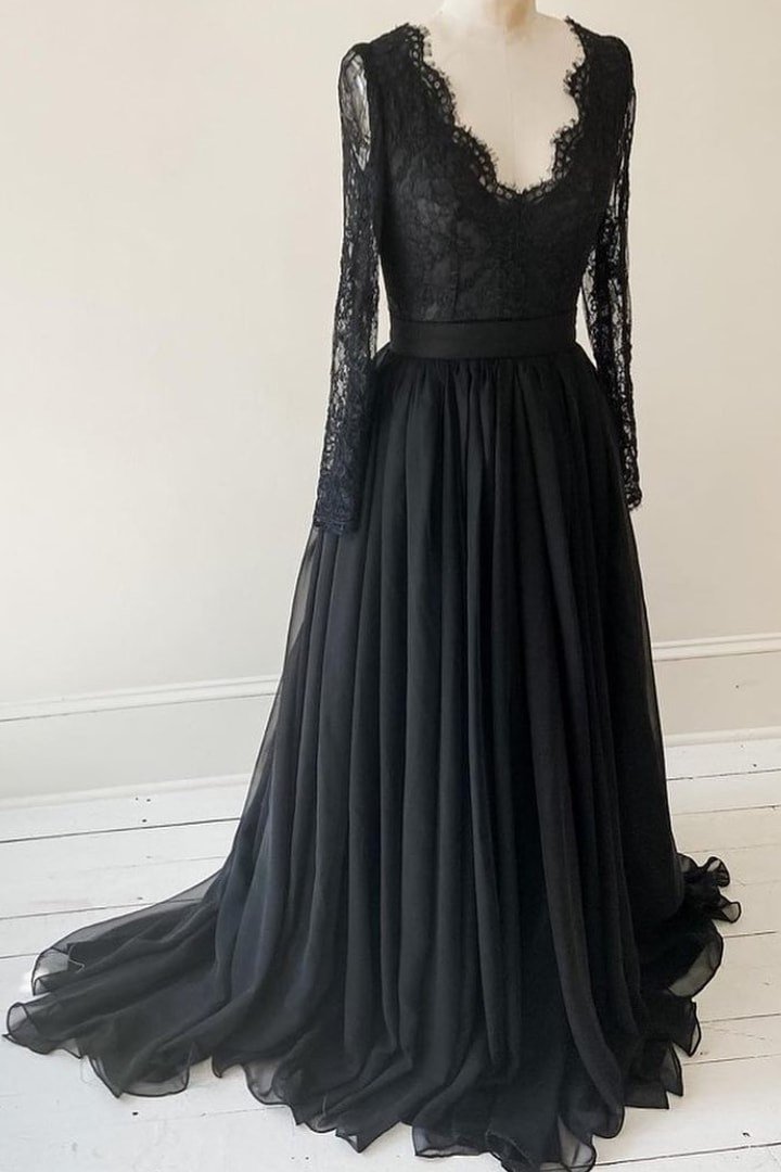 Bridesmaid Dresses Elegant, Lace Long Sleeves Black Evening Gown with Chiffon Skirt