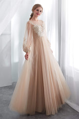 Evening Dresses Modest, Lantern Sleeve Champagne Appliques Long Prom Dresses