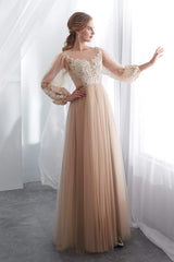 Evening Dress Yellow, Lantern Sleeve Champagne Appliques Long Prom Dresses