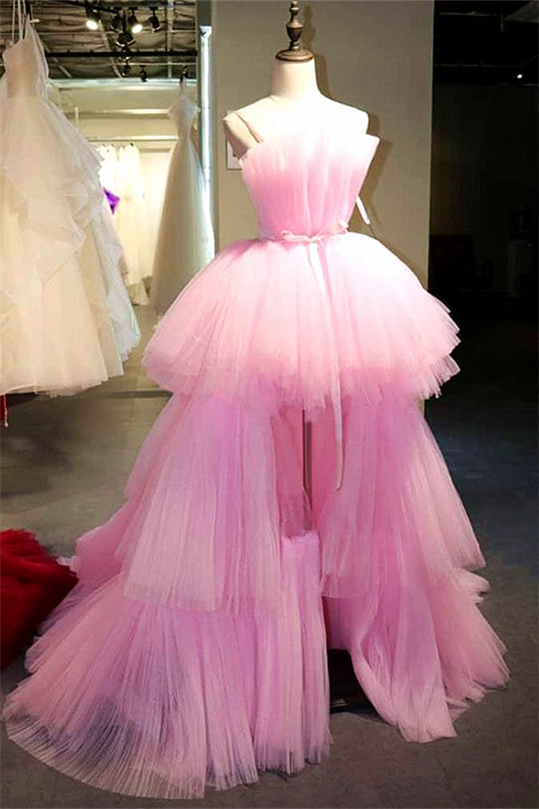 Party Dress For Christmas Party, Latest High Low A-line Strapless Tulle Pink Formal Prom Dresses