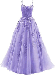 Bridesmaid Dress Dark, Lavender A-line Tulle with Lace Long Party Dress, Straps Lavender Prom Dress