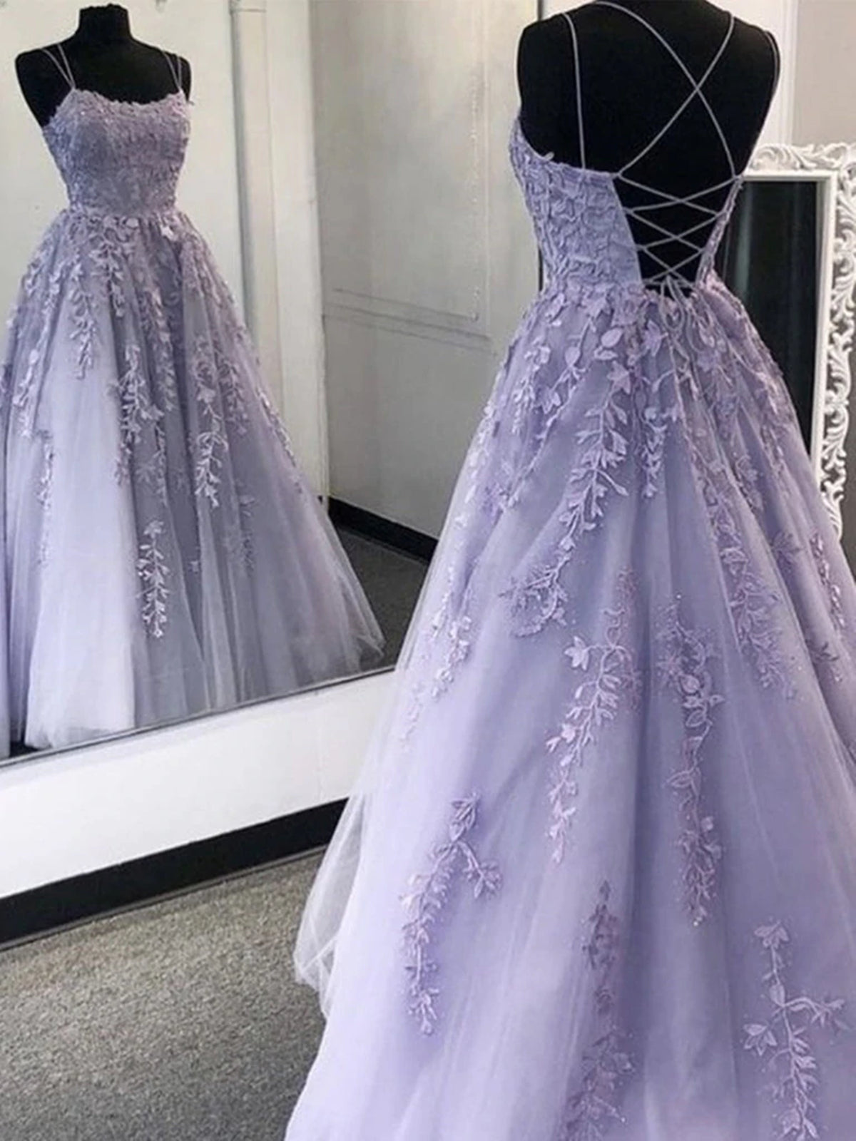 Bodycon Dress, Lavender Applique Tulle Long Prom Dresses, Purple Lace Graduation Dresses Formal Gown