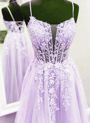Prom Pictures, Lavender Lace Applique Tulle A-line Party Dress, Floor Length Evening Gown