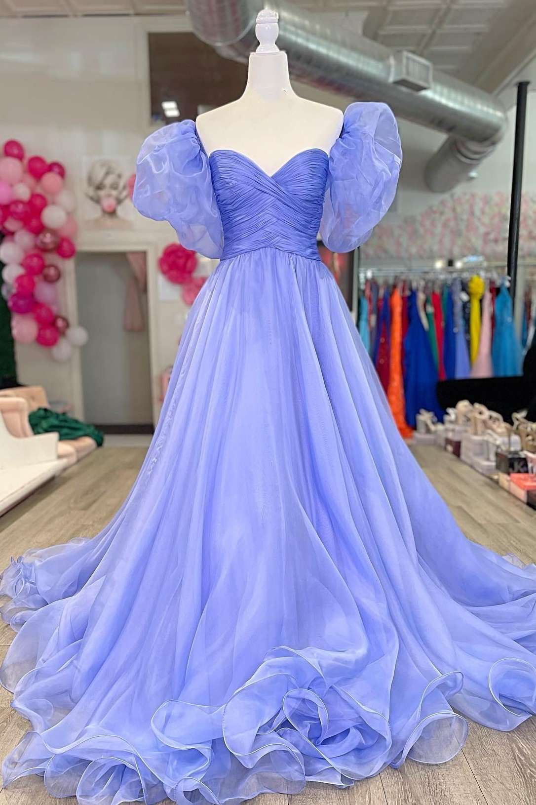 Homecoming Dress Shops, Lavender Strapless A-Line Organza Court Train Prom Dress with Puff Sleeves