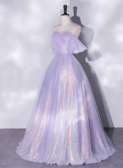 Party Dress Open Back, Lavender Tulle and Sequins Long Prom Dress, Off Shoulder A-line Party Dress