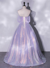 Party Dress Purple, Lavender Tulle and Sequins Long Prom Dress, Off Shoulder A-line Party Dress