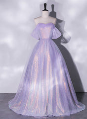 Party Dress Glitter, Lavender Tulle and Sequins Long Prom Dress, Off Shoulder A-line Party Dress