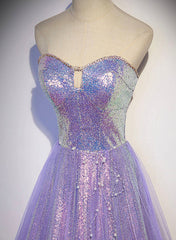 Party Dress Beige, Lavender Tulle and Sequins Sweetheart Long Pary Dress, A-line Prom Dress Formal Dresses