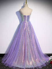 Spring Dress, Lavender Tulle and Sequins Sweetheart Long Pary Dress, A-line Prom Dress Formal Dresses
