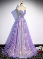 Simple Dress, Lavender Tulle and Sequins Sweetheart Long Pary Dress, A-line Prom Dress Formal Dresses