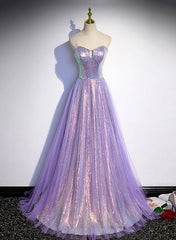 Party Dress Brown, Lavender Tulle and Sequins Sweetheart Long Pary Dress, A-line Prom Dress Formal Dresses