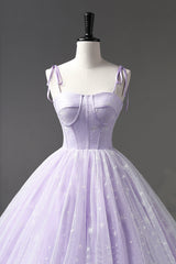 Dusty Blue Bridesmaid Dress, Lavender Tulle Straps Floor Length Evening Dress, Lavender A-Line Prom Dress