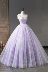 Beauty Dress, Lavender Tulle Straps Floor Length Evening Dress, Lavender A-Line Prom Dress