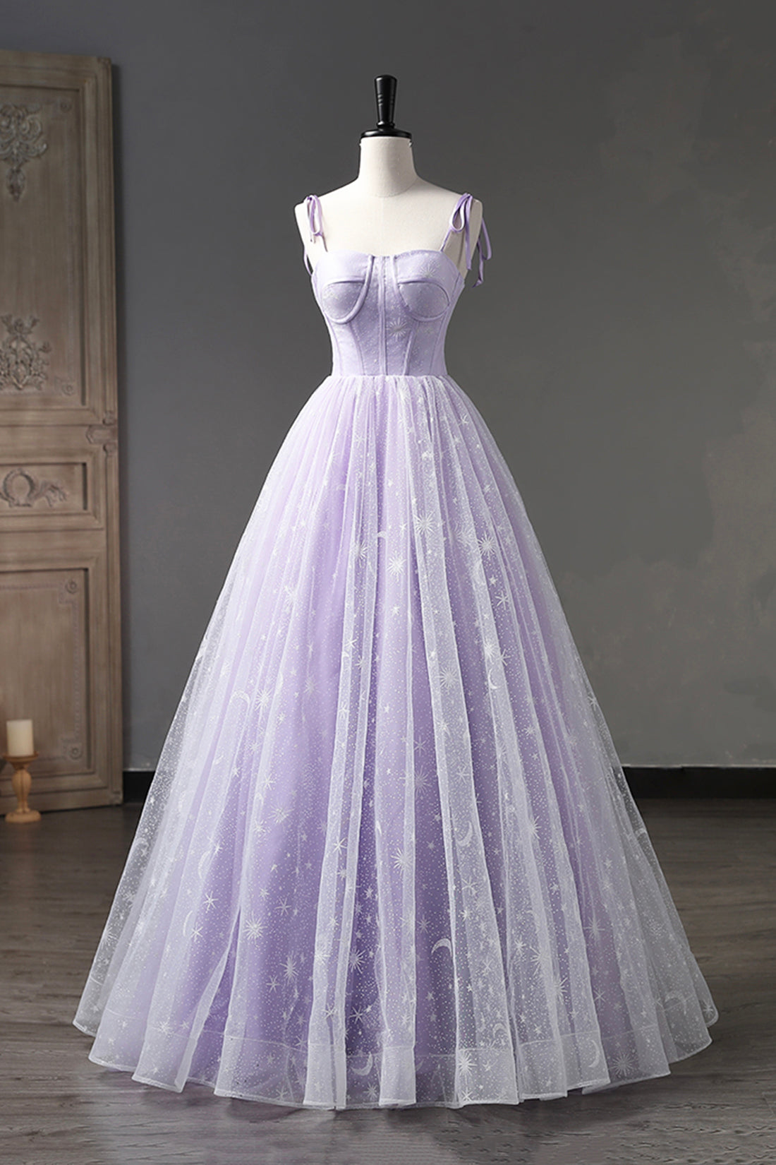White Wedding, Lavender Tulle Straps Floor Length Evening Dress, Lavender A-Line Prom Dress