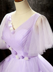 Party Dress Lady, Lavender Tulle V-neckline Sweet 16 Dress with Flowers, Lavender Formal Dress Prom Dress