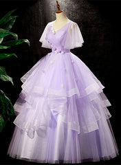 Party Dress Ladies, Lavender Tulle V-neckline Sweet 16 Dress with Flowers, Lavender Formal Dress Prom Dress