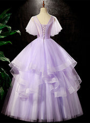 Party Dress For Teen, Lavender Tulle V-neckline Sweet 16 Dress with Flowers, Lavender Formal Dress Prom Dress