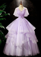 Party Dress And Gown, Lavender Tulle V-neckline Sweet 16 Dress with Flowers, Lavender Formal Dress Prom Dress