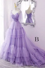 Party Dress For Baby, A Line V Neck New Style Tiered Long Tulle Prom Dress, Evening Gown with Flower