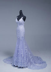 Purple Dress, Lavener Tulle with Lace Sheath Spaghetti Straps Evening Dresses, Long Prom Dresses