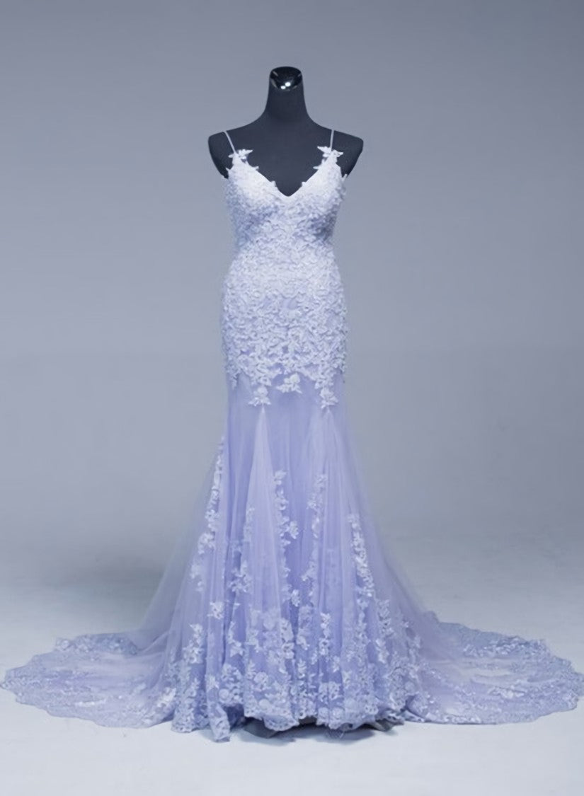 Semi Formal Dress, Lavener Tulle with Lace Sheath Spaghetti Straps Evening Dresses, Long Prom Dresses