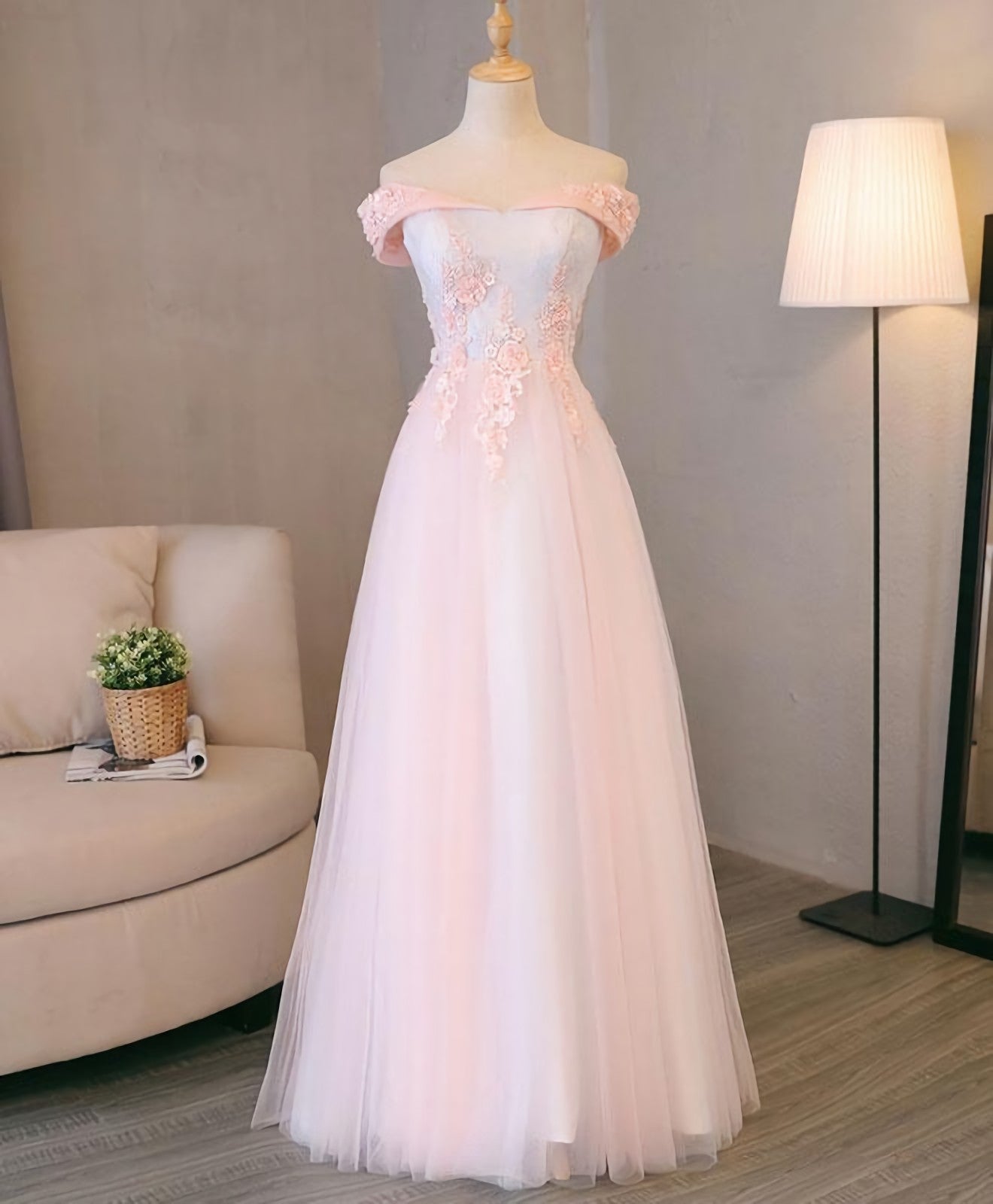 Evening Dresses For Over 57, Light Pink Lace Off Shoulder Lonng Prom Dress, Pink Evening Dress