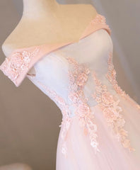 Evening Dresses Knee Length, Light Pink Lace Off Shoulder Lonng Prom Dress, Pink Evening Dress