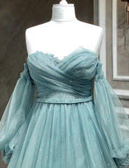 Slip Dress, Light Blue A-line Long Sleeves Party Dress with Lace, Sweetheart Long Prom Dress