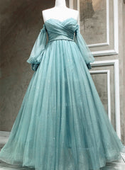 Beauty Dress, Light Blue A-line Long Sleeves Party Dress with Lace, Sweetheart Long Prom Dress