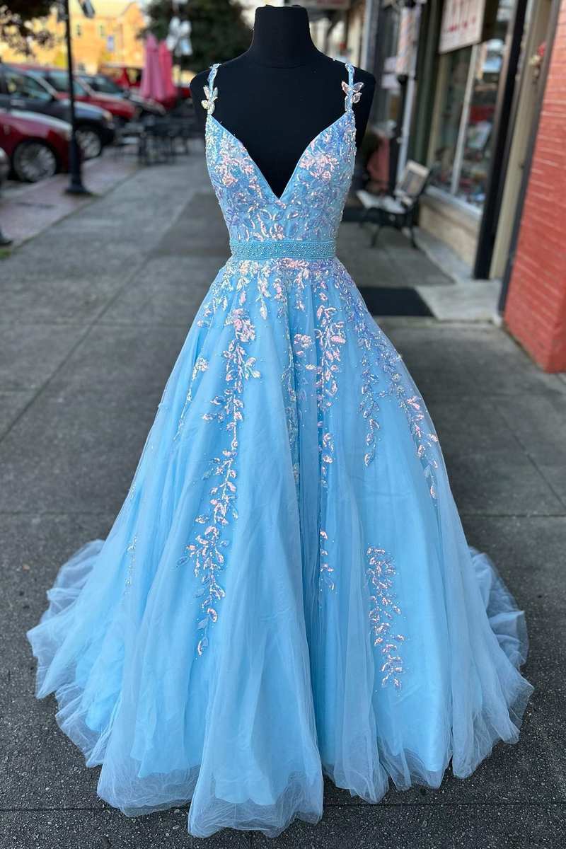 Bridesmaid Dresses 2036, Light Blue Appliques V-Neck Belted A-Line Prom Dress