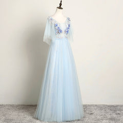 Bridesmaids Dress Style, Light Blue Flower Lace V-neckline Puffy Sleeves Long Party Dress, Blue Prom Dress Evening Dress