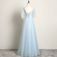 Bridesmaids Dress Styles, Light Blue Flower Lace V-neckline Puffy Sleeves Long Party Dress, Blue Prom Dress Evening Dress