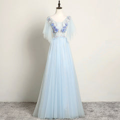 Bridesmaid Dresse Styles, Light Blue Flower Lace V-neckline Puffy Sleeves Long Party Dress, Blue Prom Dress Evening Dress