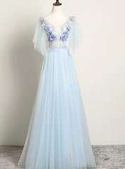 Bridesmaids Dresses Styles, Light Blue Flower Lace V-neckline Puffy Sleeves Long Party Dress, Blue Prom Dress Evening Dress