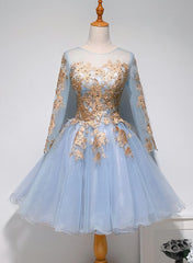 Bridesmaids Dresses Online, Light Blue Long Sleeves with Gold Lace Cute Homecoming Dress, Blue Short Prom Dress