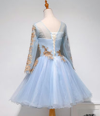 Bridesmaids Dress Online, Light Blue Long Sleeves with Gold Lace Cute Homecoming Dress, Blue Short Prom Dress