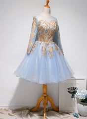 Bridesmaid Dress Design, Light Blue Long Sleeves with Gold Lace Cute Homecoming Dress, Blue Short Prom Dress