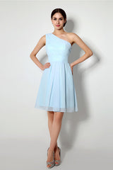 Prom Dress Ideas, Light Blue One Shoulder Chiffon Knee Length Homecoming Dresses