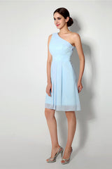 Night Dress, Light Blue One Shoulder Chiffon Knee Length Homecoming Dresses