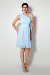Prom Dress Blue, Light Blue One Shoulder Chiffon Knee Length Homecoming Dresses