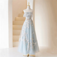 Girl Dress, Light Blue Prom Dresses Fairy,Long Blue Tulle Floral Appliques Formal Dresses