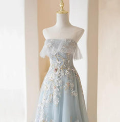 Vacation Dress, Light Blue Prom Dresses Fairy,Long Blue Tulle Floral Appliques Formal Dresses