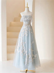 Long Prom Dress, Light Blue Prom Dresses Fairy,Long Blue Tulle Floral Appliques Formal Dresses