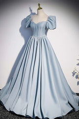 Bridesmaid Dresses Mismatched, Light Blue Satin Long Prom Dress,A-Line Short Sleeve Evening Dresses